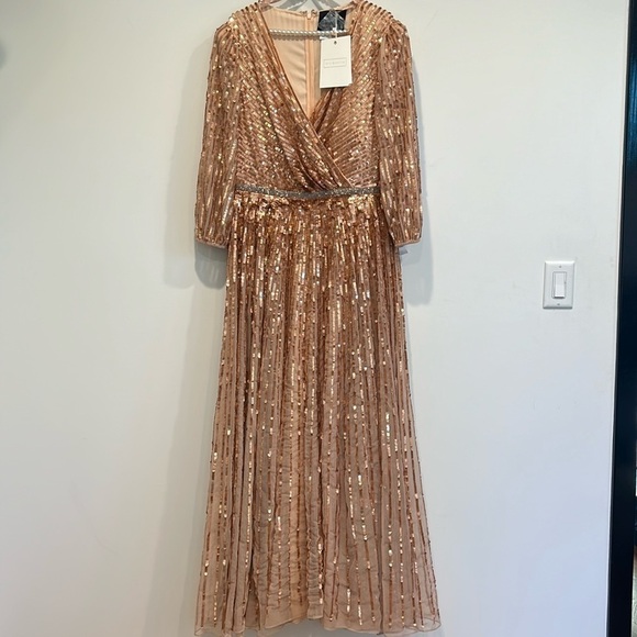 MAC DUGGAL Sequin Surplice Tulle Gown - Apricot $598 MSRP new w tags full length - Picture 2 of 13